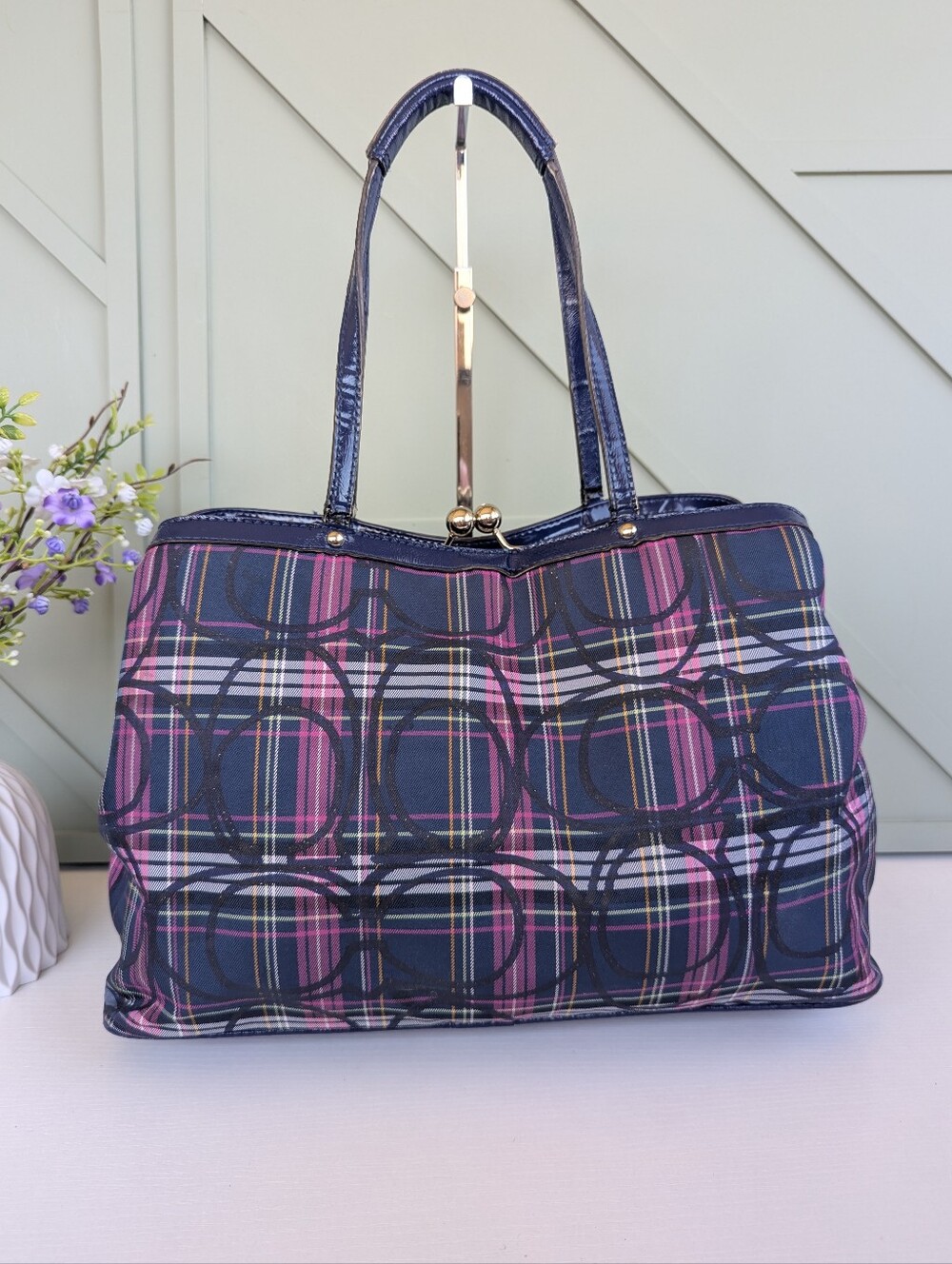 Coach Navy Plaid Tote with Pink and White Accents - Picture 5 of 14